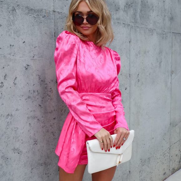 NEW- KATHERINA SATIN EMBOSSED RUCHED MINI DRESS - PINK - Picture 3 of 7